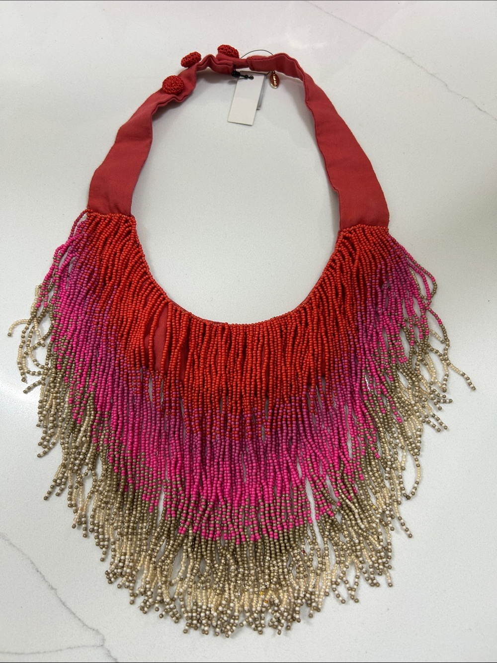 NWT Chico's Ombre Seed Bead Statement Necklace Coral Pink Gold